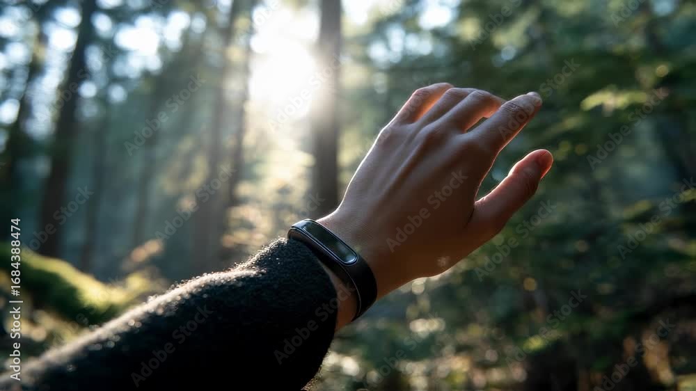 Poster hand with a sleek wristband in sharp focus capturing hrv syncing with birdsong harmonies during a fo