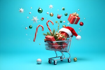Christmas composition with shopping cart with flying gifts, ornaments, candy canes and Santa cap on vibrant blue background. Creative Xmas or New year concept. 3d rendering.