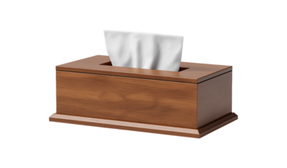 Brown wooden tissue box with white tissues tissue dispenser isolated on a transparent background