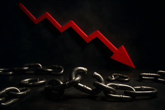 Economic Downturn: A symbolic depiction of economic hardship and market instability, featuring a broken chain and a downward-pointing arrow on a dark background, representing economic downturn.