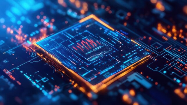 High-tech CPU chip on circuit board with glowing lines and numbers, data processing concept