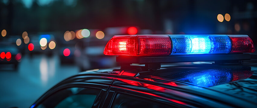 Emergency strobe lights of police car illuminating a city street at night, representing law enforcement vigilance, crime scene protection, urban safety, and community security presence.