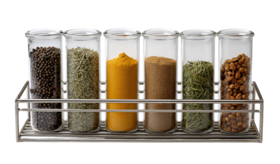 Six Glass Test Tubes with Spices on Rack herbs seasoning isolated on a transparent background