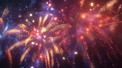 Night scene with fireworks in the sky, reflections of fireworks on the wet ground, festive atmosphere of a night city with fireworks