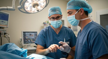 Surgeons in a brightly lit operating room examining surgical instruments