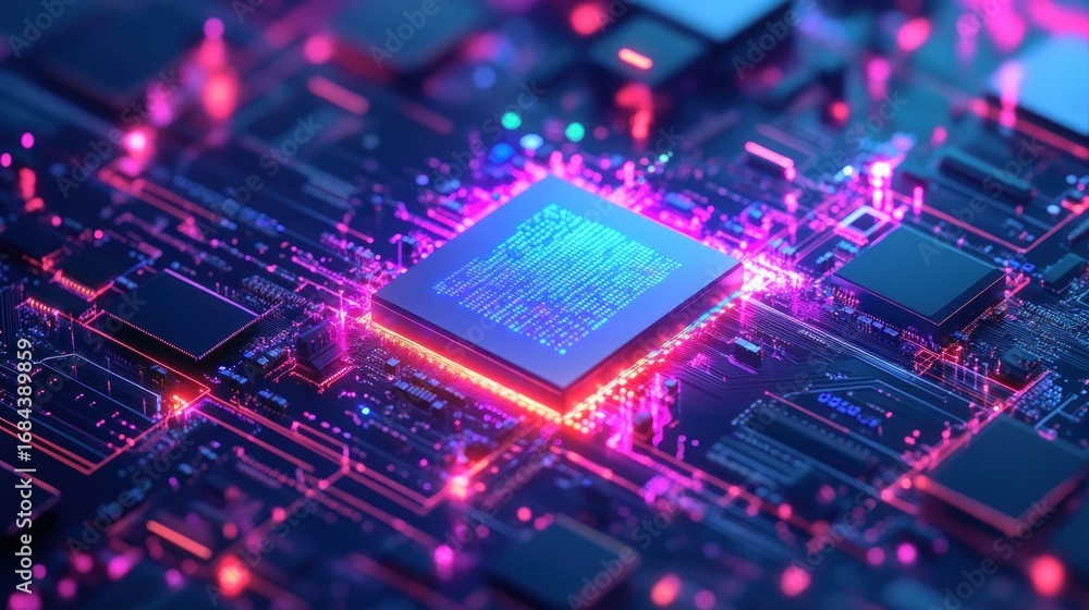Fototapete high-tech cpu on circuit board, glowing with neon lights, complex digital circuitry in background. p