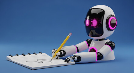 Cute robot drawing in a notebook with a pencil on a blue background creating innovative designs and concepts for future technology and artificial intelligence