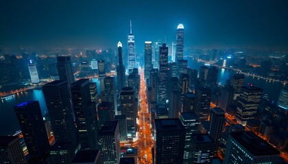 Fototapeta premium Aerial Modern City Skyline Glowing Lights Reflected On River