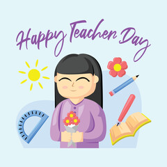 Teacher Day with Bright Cute Cartoon People, Stationery Element and Background