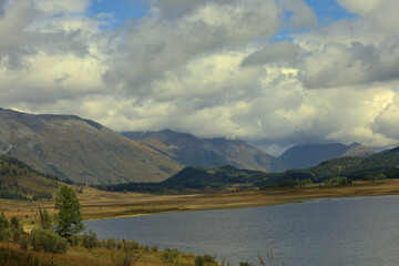 Serene Mountain Lake Landscape under Dramatic Cloudy Sky