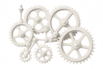 Interlocking white gears rotating smoothly on a transparent background, symbolizing teamwork, precision, and the interconnectedness of complex systems