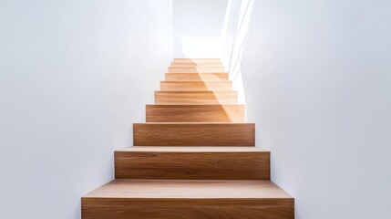 111.A contemporary wooden staircase leading up inside a white modern house. The steps are made of smooth, polished wood, and the clean, white walls reflect light, enhancing the sense of space and