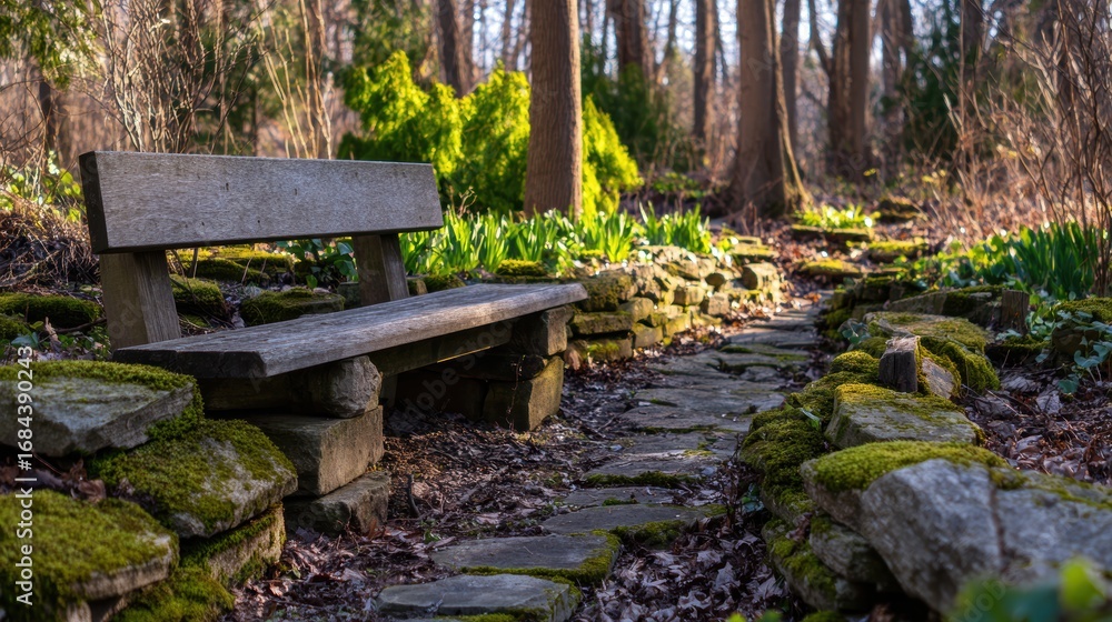 Aufkleber serene garden path with a rustic bench surrounded by lush greenery and dappled sunlight filtering th
