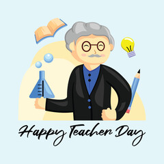 Teacher Day with Bright Cute Cartoon People, Stationery Element and Background