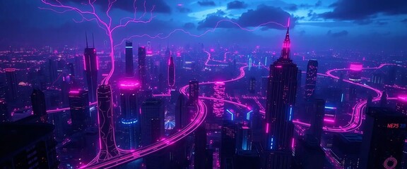 Obraz premium Vibrant Cyberpunk Metropolis at Night with Glowing Magenta Pathways and Futuristic Skyscrapers