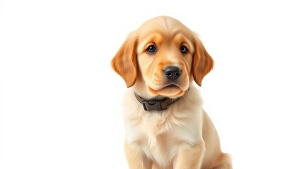 Adorable healthy golden retriever puppy with collar, sitting against white background, gold, dog portrait