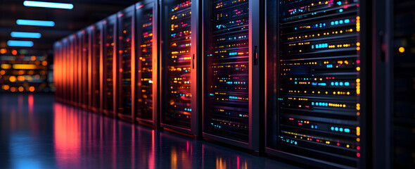 Naklejka premium Advanced technology server room with glowing lights, futuristic data center environment representing cloud computing, IT infrastructure, digital storage, and secure networking.
