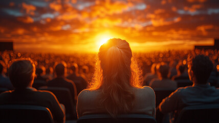 Silhouette of a Woman Watching Sunset Over a Large Crowd