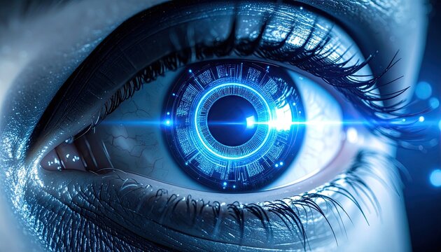 Close Up of a Cyborg Eye with Glowing Blue Circuits - Powered by Adobe