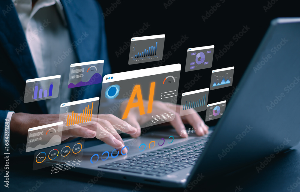 Poster businessman using laptop with ai data analytics dashboard interface. concept of artificial intellige