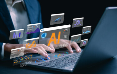 Businessman using laptop with AI data analytics dashboard interface. Concept of artificial intelligence in business intelligence, big data analysis, machine learning prediction, smart visualization