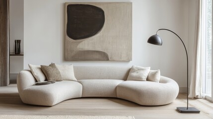 8.A modern living room with a soft, curved sofa in neutral tones, paired with a large, abstract piece of artwork on the wall. A sleek, tall floor lamp stands beside the sofa, casting a warm, inviting