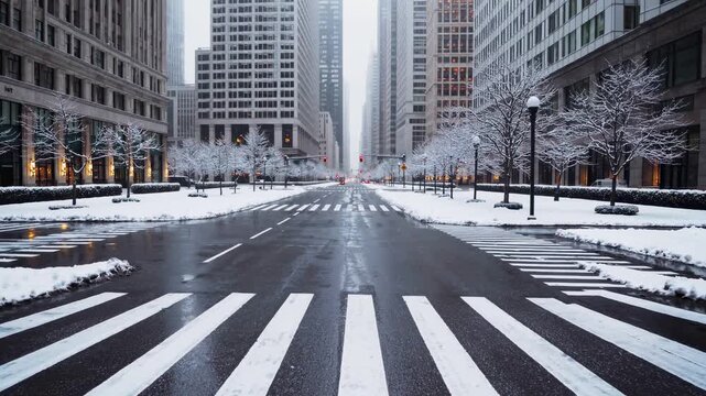 Winter morning in a cityscape with snow-covered streets and tall buildings in a serene atmosphere