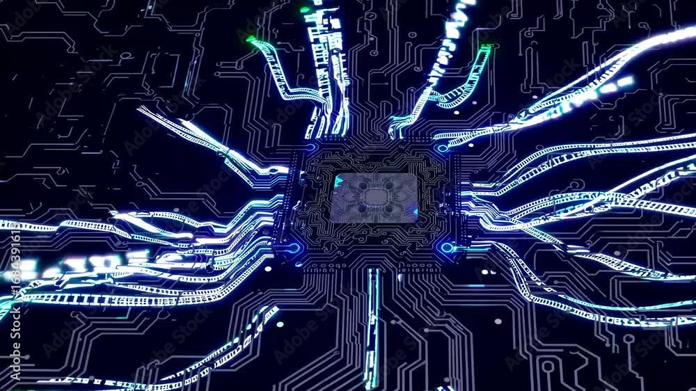Aufkleber top-down view of a glowing green circuit board, depicting digital flow and connectivity. futuristic 