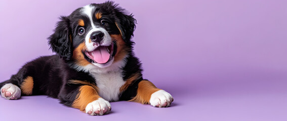 Happy Bernese mountain dog puppy posing with playful face on purple backdrop, pet portrait concept representing joy, family pets, adorable puppies, and domestic animal love.