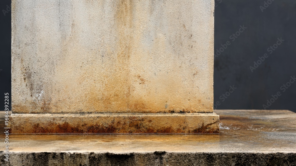 Poster weathered stone pillar with rust stains and water pooling at the base against a dark background