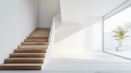 Obraz premium 114.A smooth wood staircase inside a modern white house, with the warm, natural wood standing out against the crisp white walls. The simple, elegant design of the staircase creates an inviting