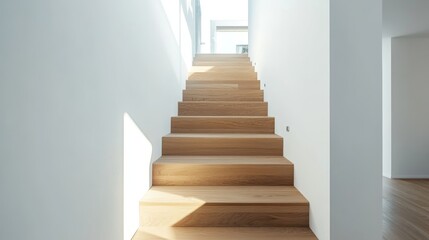 114.A smooth wood staircase inside a modern white house, with the warm, natural wood standing out against the crisp white walls. The simple, elegant design of the staircase creates an inviting