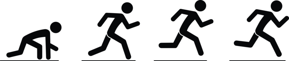 Stick figure running sequence from start to motion on white background race