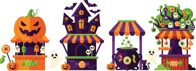 Halloween market stalls with pumpkin, haunted house, cauldron, and tree halloween party invitation, banner, poster