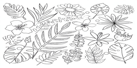 Black and White Kawaii Line Art of Tropical Flowers and Leaves