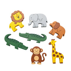 Fototapeta premium A vibrant collection of cartoon safari and jungle animal puzzle pieces, crafted in a charming wooden style for educational play and early childhood development.