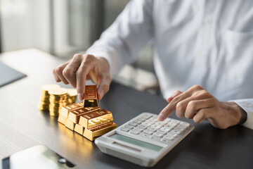 Gold Trading business man hand offering gold Investment in gold mining company or Trading gold on...
