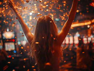 Woman Celebrates with Golden Confetti in Casino