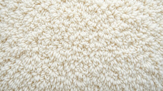 Texture of soft and cozy creamy white shag rug showcasing a fluffy surface for abstract background or design element