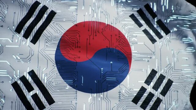 Digital South Korean flag with circuit board overlay and black trigrams