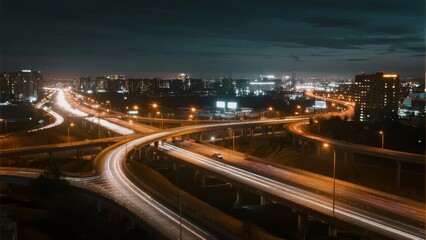 Fototapeta premium Nighttime Urban Highway Interchange with Light Trails