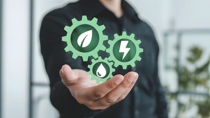 Eco conscious man holds renewable energy solutions in his open palm