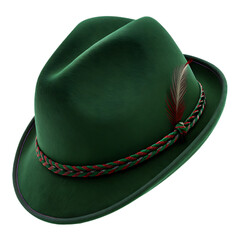 Green bavarian hat with braided band and feather isolated on a transparent background
