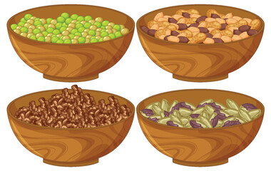 Assorted Nuts and Seeds in Wooden Bowls Vector