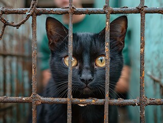 Close-Up Shot of a Black Cat Behind a Rusty Cage with Striking Eyes and Detailed Fur Texture