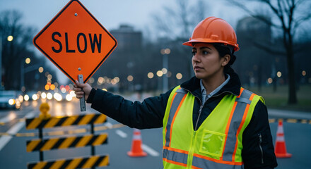 Road Construction Worker Directing Traffic with Safety Sign in Urban Setting at Dusk