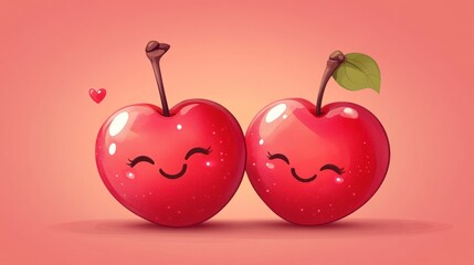 Two heart-shaped cherries with cartoon faces,  smiling and  pink background