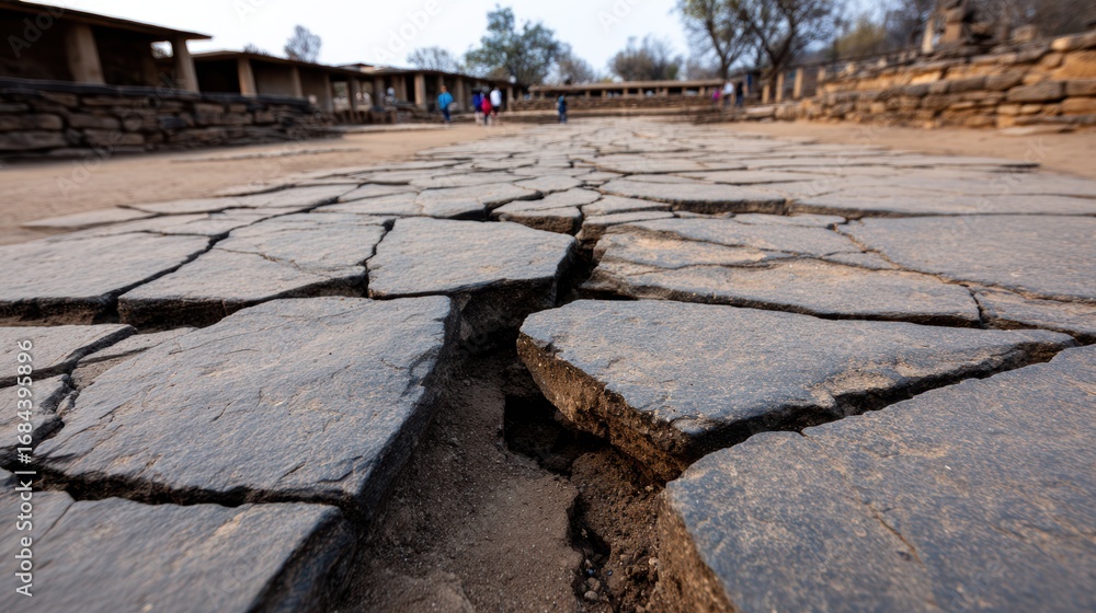 Poster cracked stone pathway in an ancient historical site with visitors exploring in the background