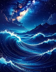 Night Seascape with Starry Sky.