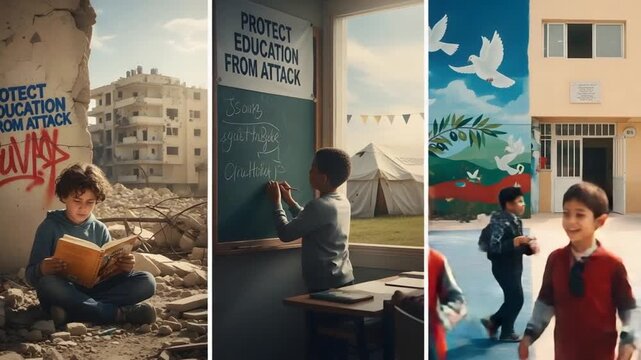 A triptych showcasing children in different educational settings, highlighting resilience.